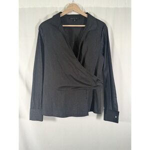 Lafayette 148 New York Black Metallic Pinstripe Wrap Blouse French Cuff Women 10